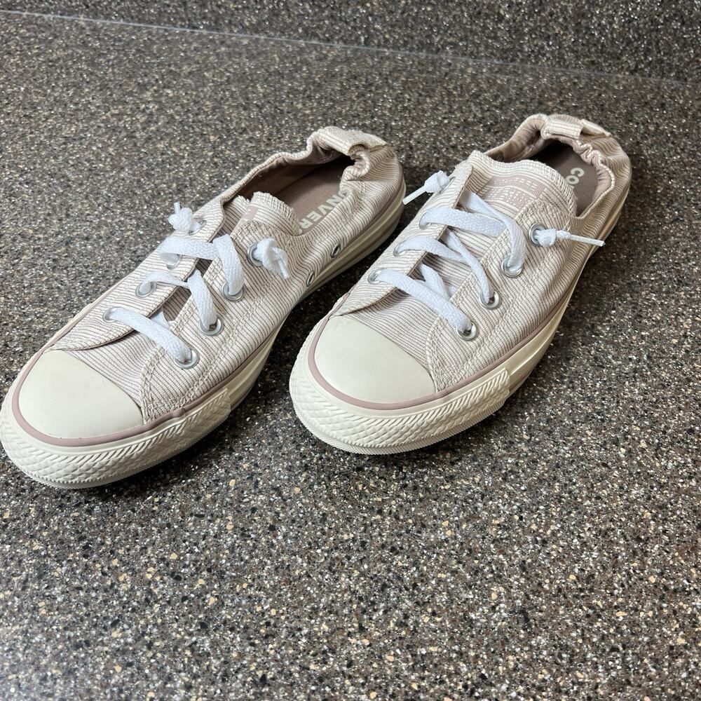 Converse All Star Slip On Beige Pinstriped Canvas Shoes Womens Sz 9 Stretch Back